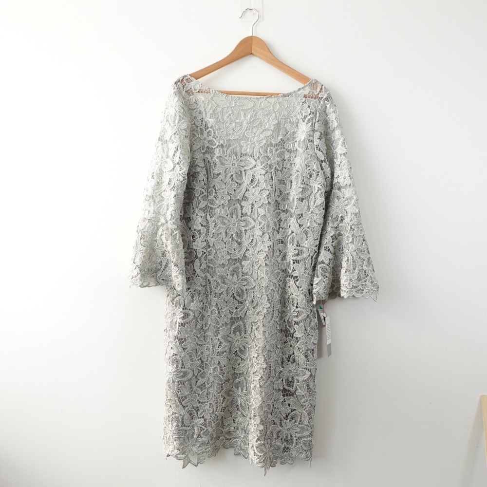 Teri Jon Silver Floral Lace Gown Womens 2X Long Sleeve Mother Bride Formal Party